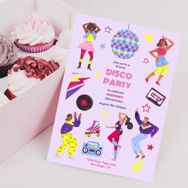 Groovy Rullskridsko-disco tjej Lila Party Retro Inbjudningar (Skapare uppladdad)