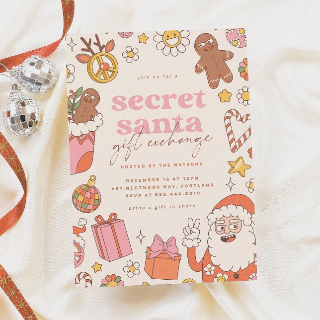 Groovy Secret Santa Exchange Retro jul Party Inbjudningar (Skapare uppladdad)