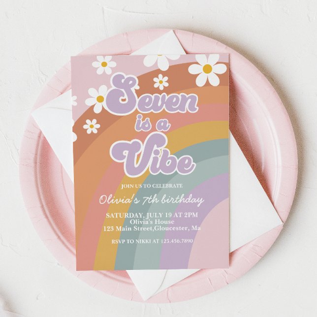 Groovy Seven är en vibe Retro Rainbow 7:e Birthday Inbjudningar (Skapare uppladdad)
