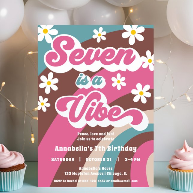 Groovy Seven är en Vibe rosa-teal-flicka 7:e-födel Inbjudningar (Skapare uppladdad)