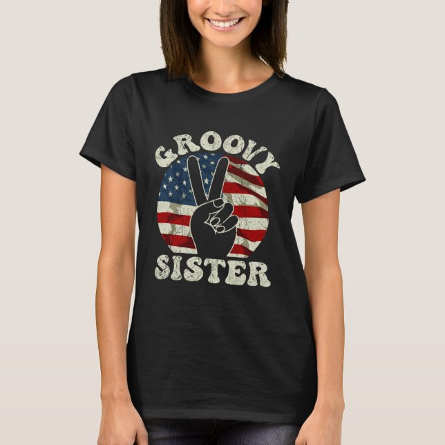 Groovy Sister 70s Aesthetic USA Flag Retro Sister T Shirt (Framsida)