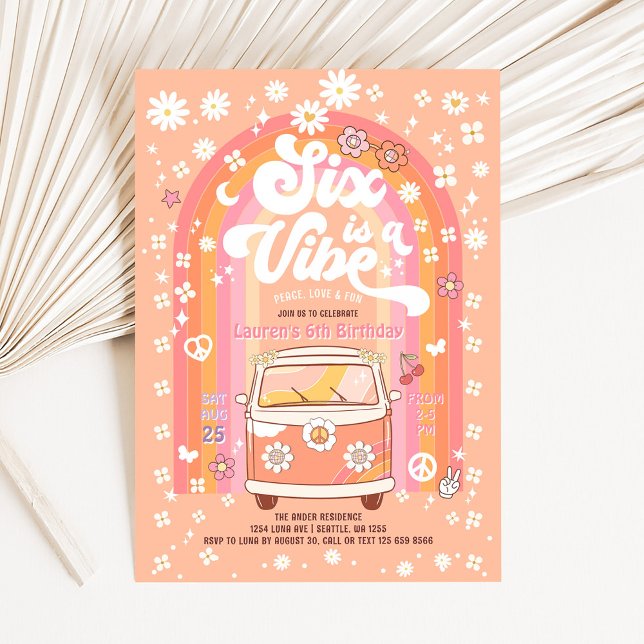 Groovy Six är en Vibe Van Buss 6e-födelsedag Inbjudningar (Skapare uppladdad)