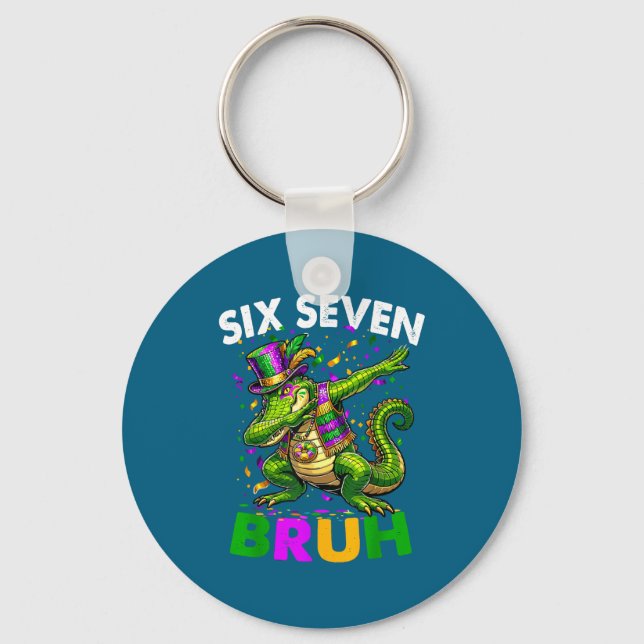 Groovy Six Seven Bruh Alligator Dabbing Mardi Gras Nyckelring (Framsida)