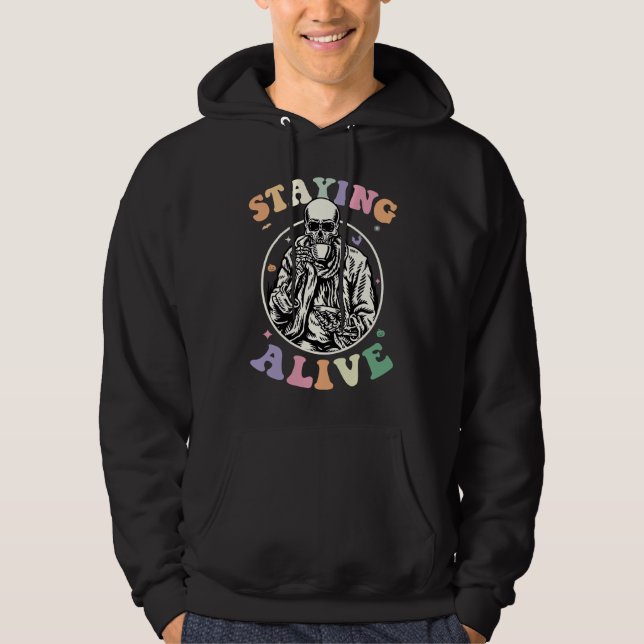Groovy Skeleton Staying Alive Coffee Halloween Hip Hoodie (Framsida)
