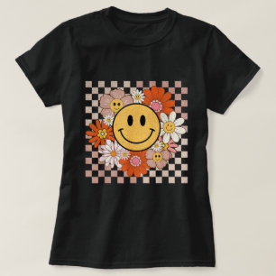 Groovy Smile Lycklig Ansikte Flowers kontrollerade T Shirt