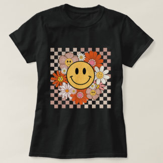 Groovy Smile Lycklig Ansikte Flowers kontrollerade T Shirt