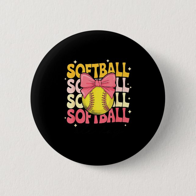Groovy Softball Coquette Bow Softball Älskare Soft Knapp (Framsida)