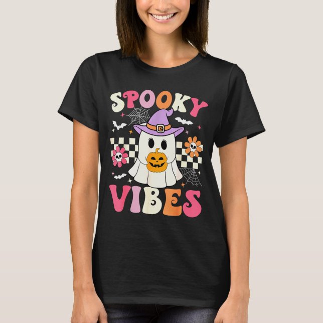 Groovy Soky Vibes Retro Ghost Holding Pumpkin Hall T Shirt (Framsida)
