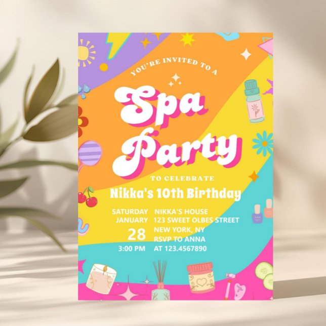 Groovy Spa Förstör Glam Fest Födelsedagsinbjudan Inbjudningar (spa birthday invitation, girls spa party invite, pamper party invite, kids spa birthday, sleepover s)