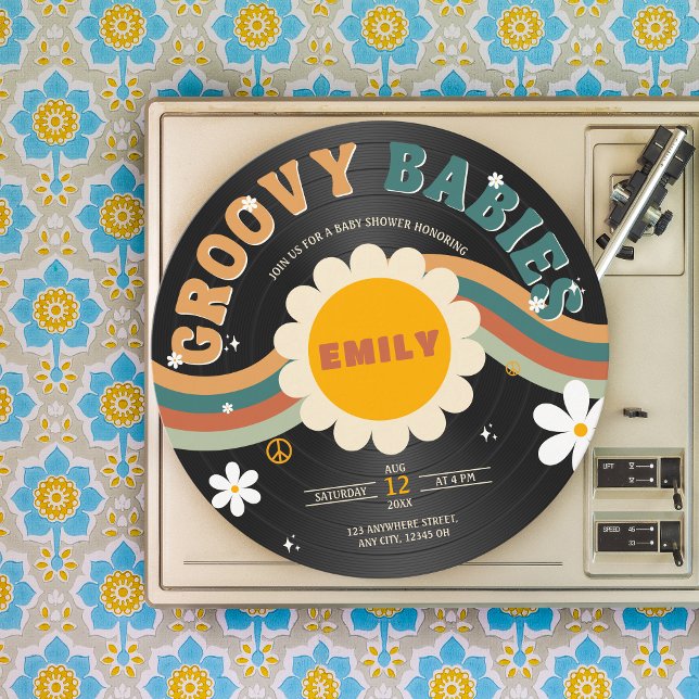 Groovy Spädbarn Retro Vinyl Record Twillingars Bab Inbjudningar (Groovy Babies Twins Baby Shower Retro )