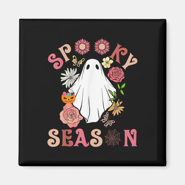 Groovy Spooky Season Cute Ghost Holding Pumpkin Ha Magnet (Framsidan)