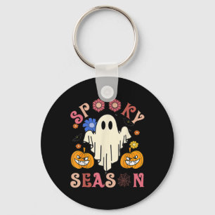 Groovy Spooky Season Cute Ghost Holding Pumpkin Ha Nyckelring
