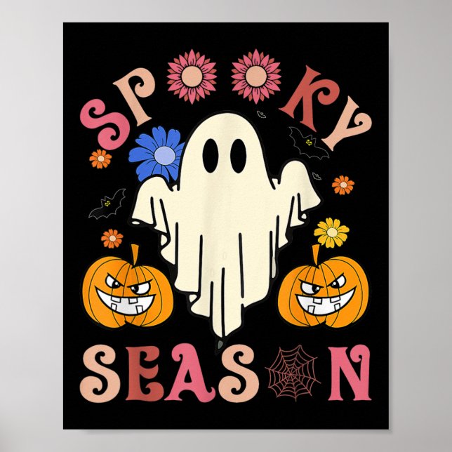 Groovy Spooky Season Cute Ghost Holding Pumpkin Ha Poster (Framsidan)