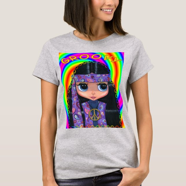 Groovy Stort öga Hippie Chick Girl Doll Cute T Shirt (Framsida)