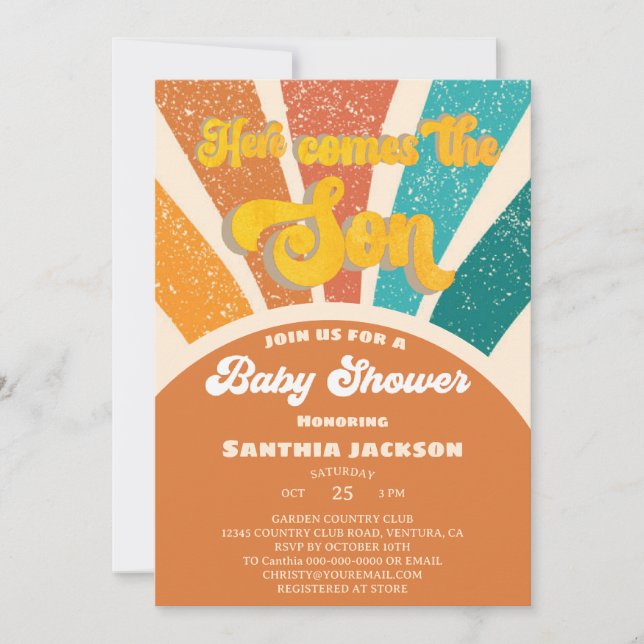 Groovy Sunshine Baby Shower here Kom Son Inbjudningar (Framsida)