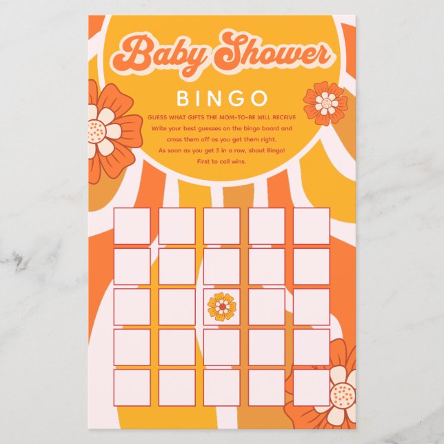 Groovy Sunshine Retro Baby Shower Bingo Game (Framsida)