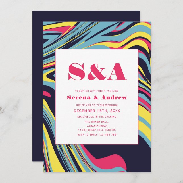 Groovy Swirl Marble Colorful Modern Bröllop Inbjudningar (Fram/baksida)