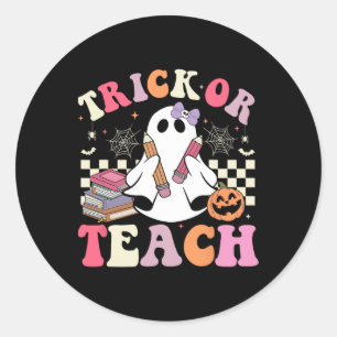 Groovy Teacher Halloween Trick eller Teach Retro C Runt Klistermärke