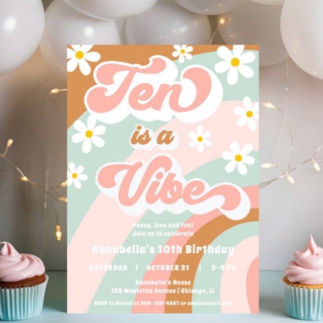 Groovy Ten är en Vibe retro-pastel 10-årsdag Inbjudningar (Skapare uppladdad)