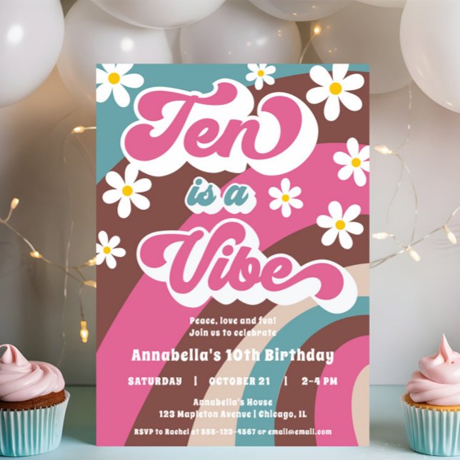 Groovy Ten är en Vibe rosa teal-flicka 10 år Inbjudningar (Skapare uppladdad)
