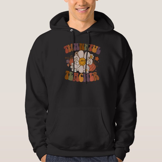 Groovy Thankful Teacher Fall Flower Pumpkins Retro Hoodie (Framsida)