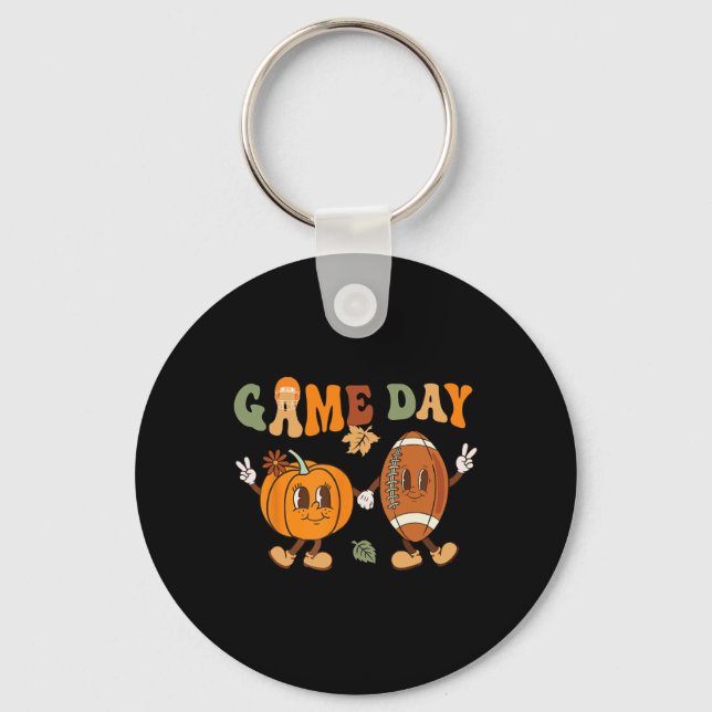 Groovy Thanksgiving Game Day Pumpkin Footbyll Hall Nyckelring (Framsida)