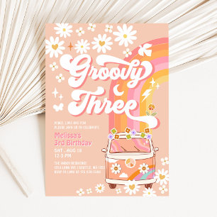 Groovy TRETTH Pink Peach Daisy Hippie Födelsedag Inbjudningar