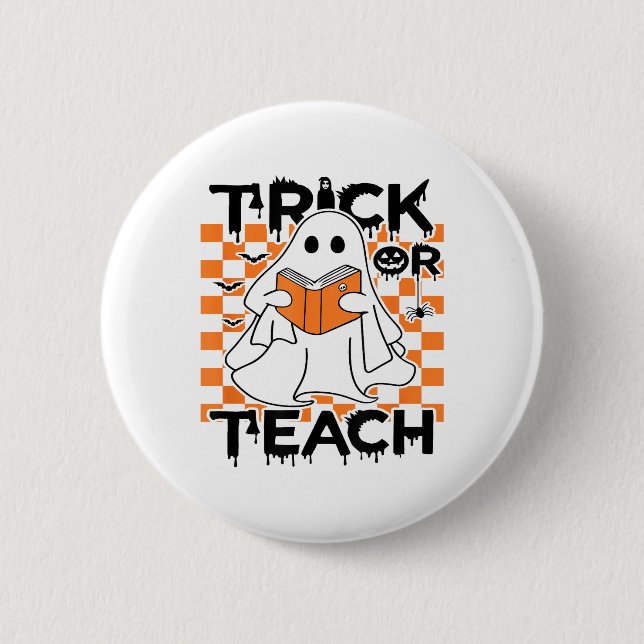 Groovy Trick eller Teach Ghost Teacher Halloween Knapp (Framsida)