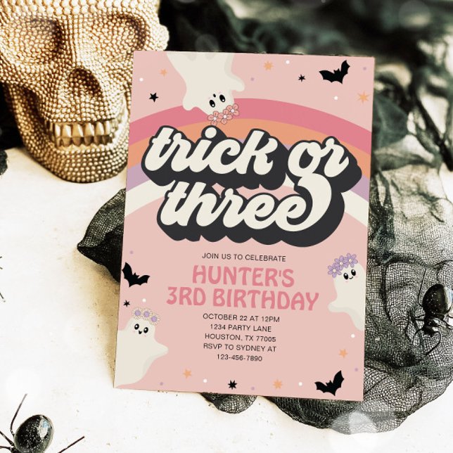 Groovy Trick eller Three Girl 3rd Birthday Hallowe Inbjudningar (Skapare uppladdad)