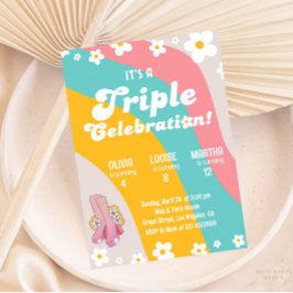 Groovy Triple Birthday Daisy Joint Syskon Party Inbjudningar