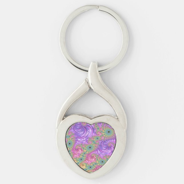 Groovy Trippy Boho Ädelstensfärg Rainbow Fraktal Twisted Heart Silverfärgad Nyckelring (Framsidan)