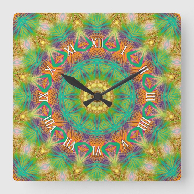 Groovy Tropik Tribal Grönt Lila Wall Clock Fyrkantig Klocka (Framsida)
