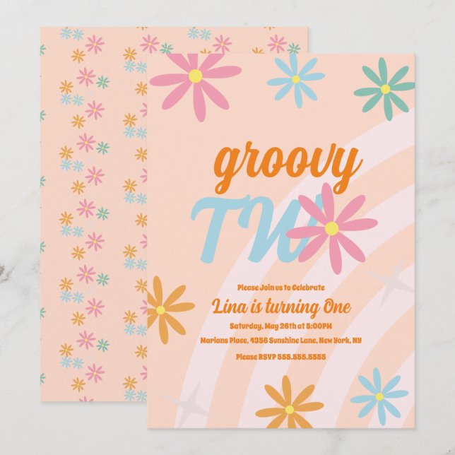 Groovy Two Blommig Första Födelsedag Retro Fest  Inbjudningar (Fram/baksida)