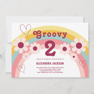 Groovy Two Daisy Rainbow 2-års födelsedagsfest Inbjudningar