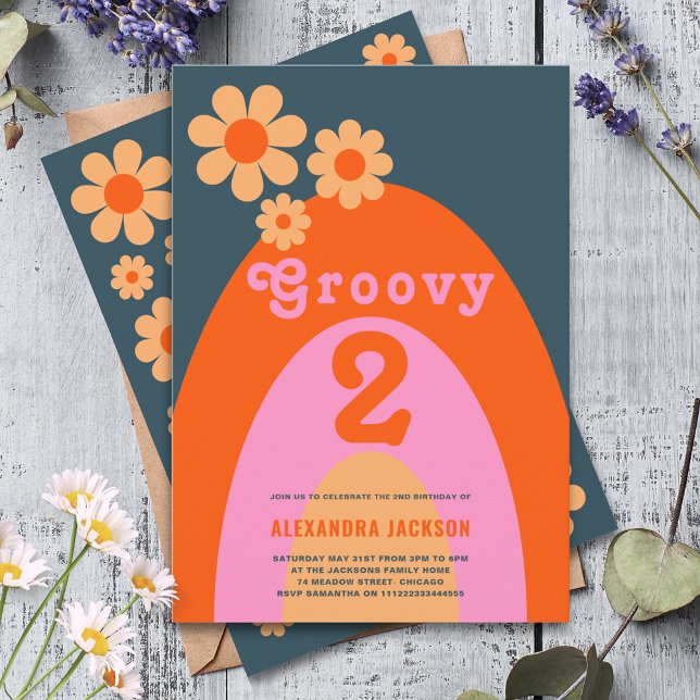 Groovy Two Retro 2:a födelsedagen Party Inbjudningar (Groovy two daisy arch 2nd birthday party invitation )