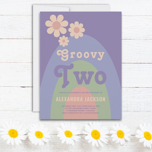 Groovy Two Retro 2:a födelsedagsinbjudan Inbjudan Vykort (Groovy two retro daisy arch pastel 2nd birthday party budget invitation postcard purple pink blue)