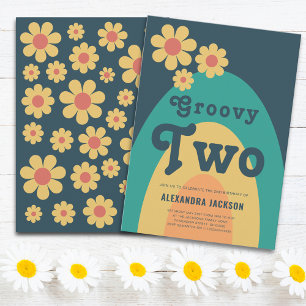 Groovy Two Retro Daisy Födelsedagsfest Inbjudningar