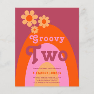 Groovy Two Retro Rainbow Födelsedagsfest Budget Flygblad