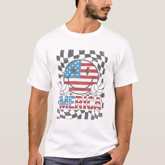 Groovy USA flagga Smile | 4:e juli "Merica Art T Shirt (Framsida)