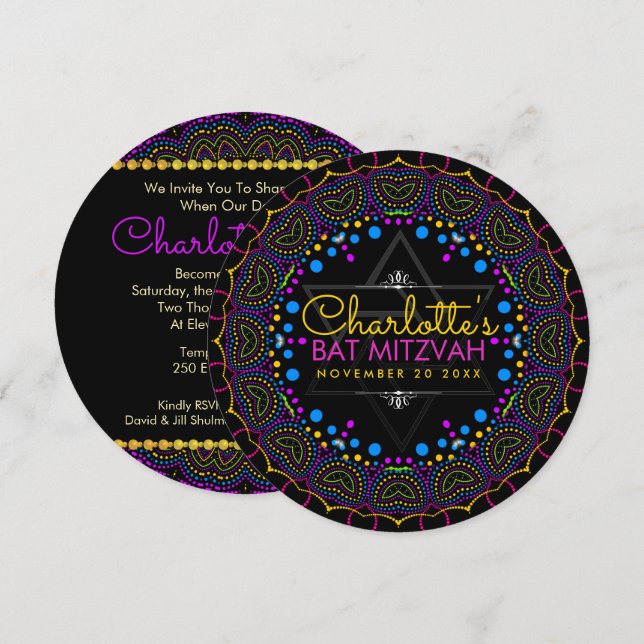 Groovy UV Bohemian Bat mitzvah Round-inbjudan Inbjudningar (Fram/baksida)