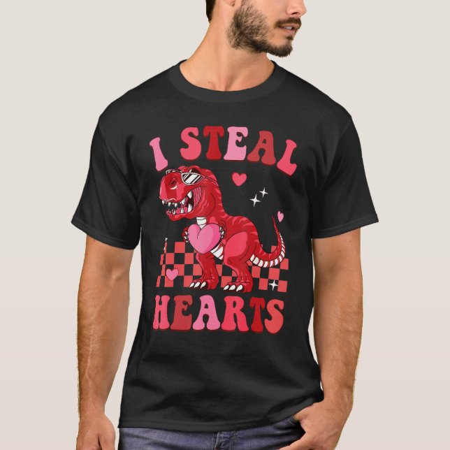 Groovy Valentine Day I Steal Hearts Dinosaur Coupl T Shirt (Framsida)