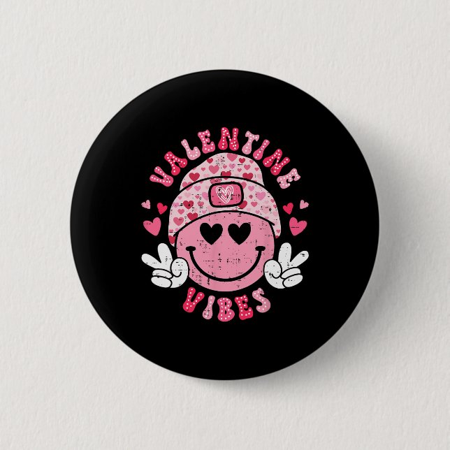 Groovy Valentine Vibes Smile Ansikte Valentines da Knapp (Framsida)
