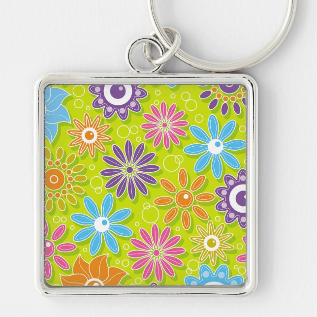 Groovy vårblomma kraft fyrkantig silverfärgad nyckelring (Framsidan)