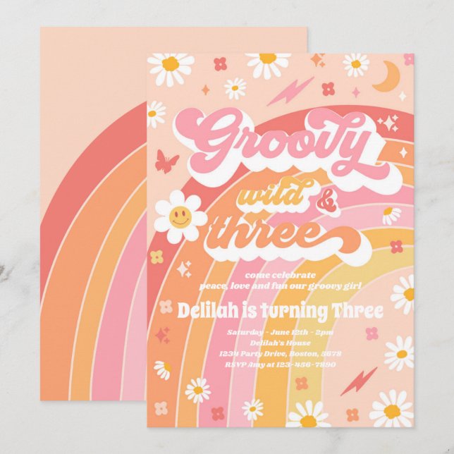 Groovy Vild och tre hippie 3:e födelsedagen Party Inbjudningar (Fram/baksida)