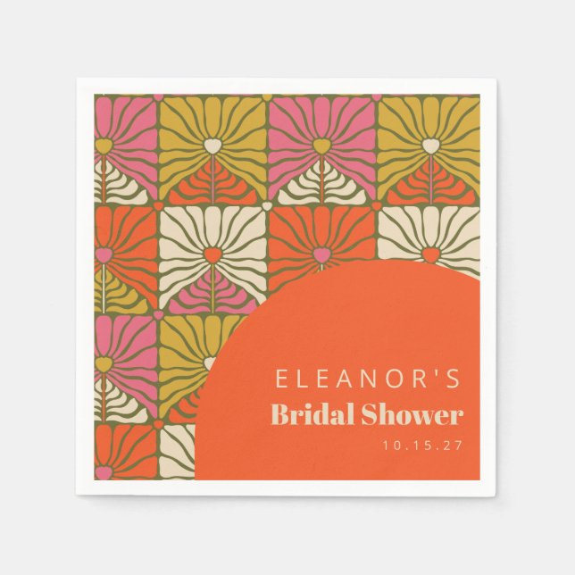 Groovy Vintage Orange Blommig Bröllopsfest Anpassa Pappersservett (Framsidan)