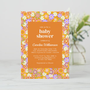 Groovy Vintage Orange Purple Blommor Bebis Shower Inbjudningar