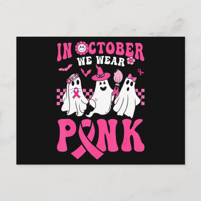 Groovy Wear Pink Breast Cancer Warrior Ghost Hallo Vykort (Framsida)