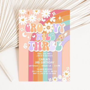 Groovy Wild och Three Hippie Retro 3-års födelseda Inbjudningar