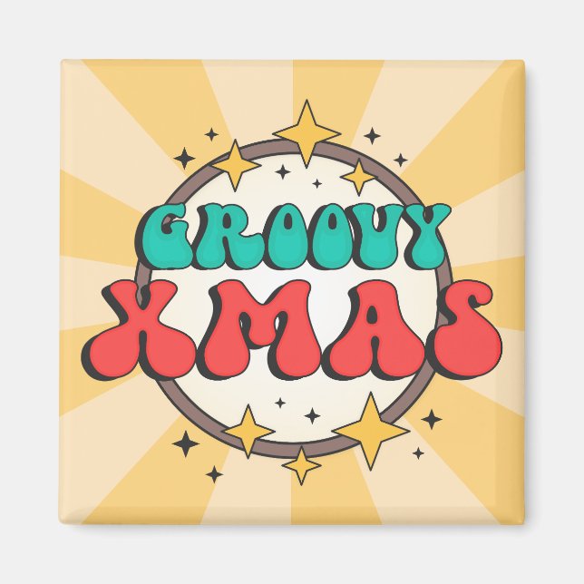 Groovy Xmas retro stars old cartoon text  Magnet (Framsidan)