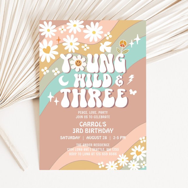 Groovy Young Wild och tre 3-års födelsedag Inbjudningar (Skapare uppladdad)
